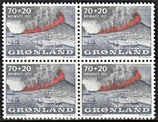 FRIMÆRKER GRØNLAND | 1973 - AFA 86 - Heimaey, Vulkanudbrud - 70 + 20 øre blå/grå/rød i 4-blok - Postfrisk